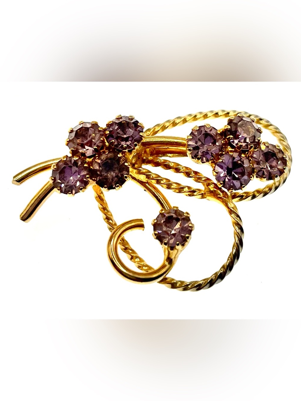 Vintage Mid Century Gold Tone Floral Spray Brooch Lavender Rhinestone Pin 1950s